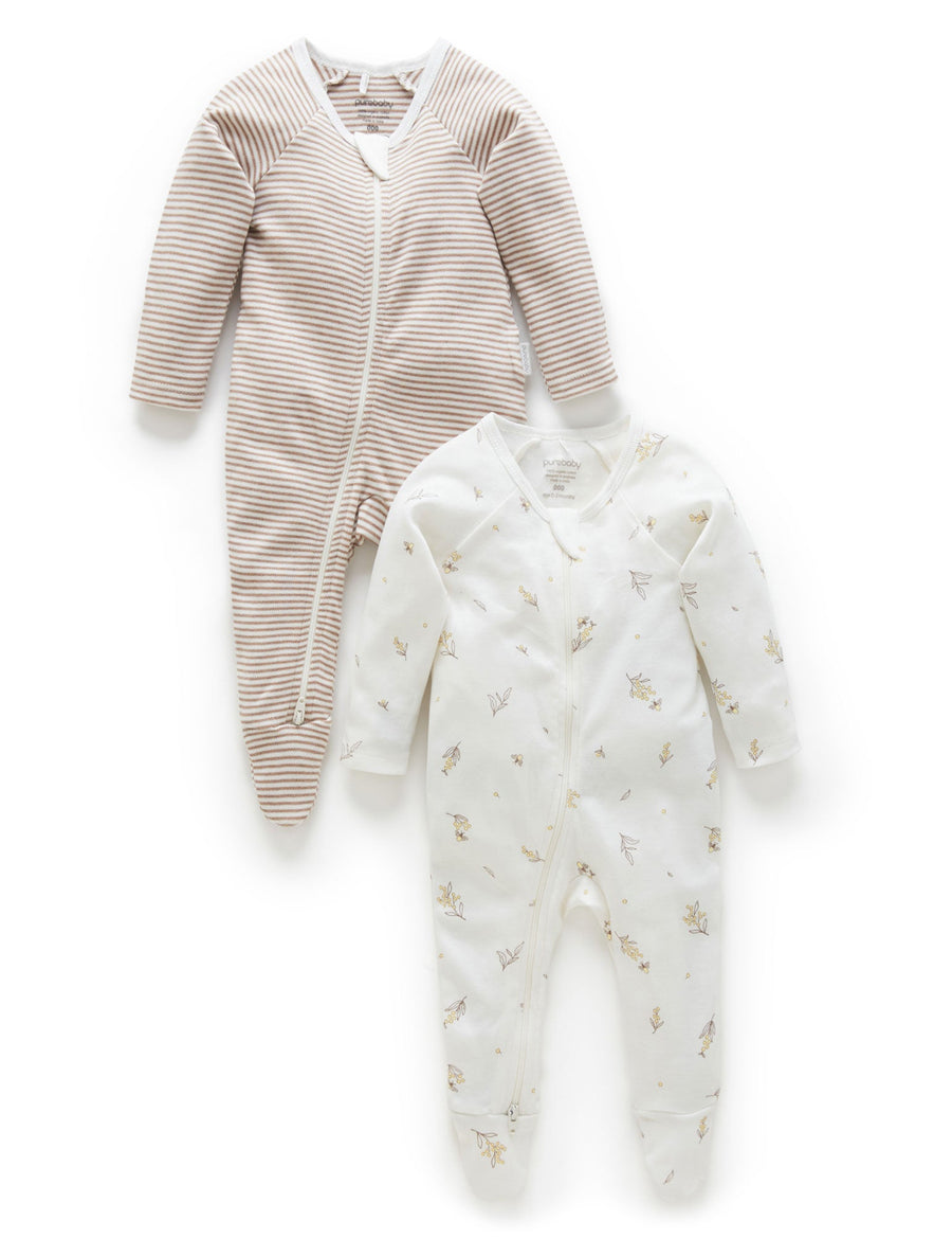 Purebaby 2 Pack Zip Growsuit in Vanilla Wattle Bee Pack - official product photo 1