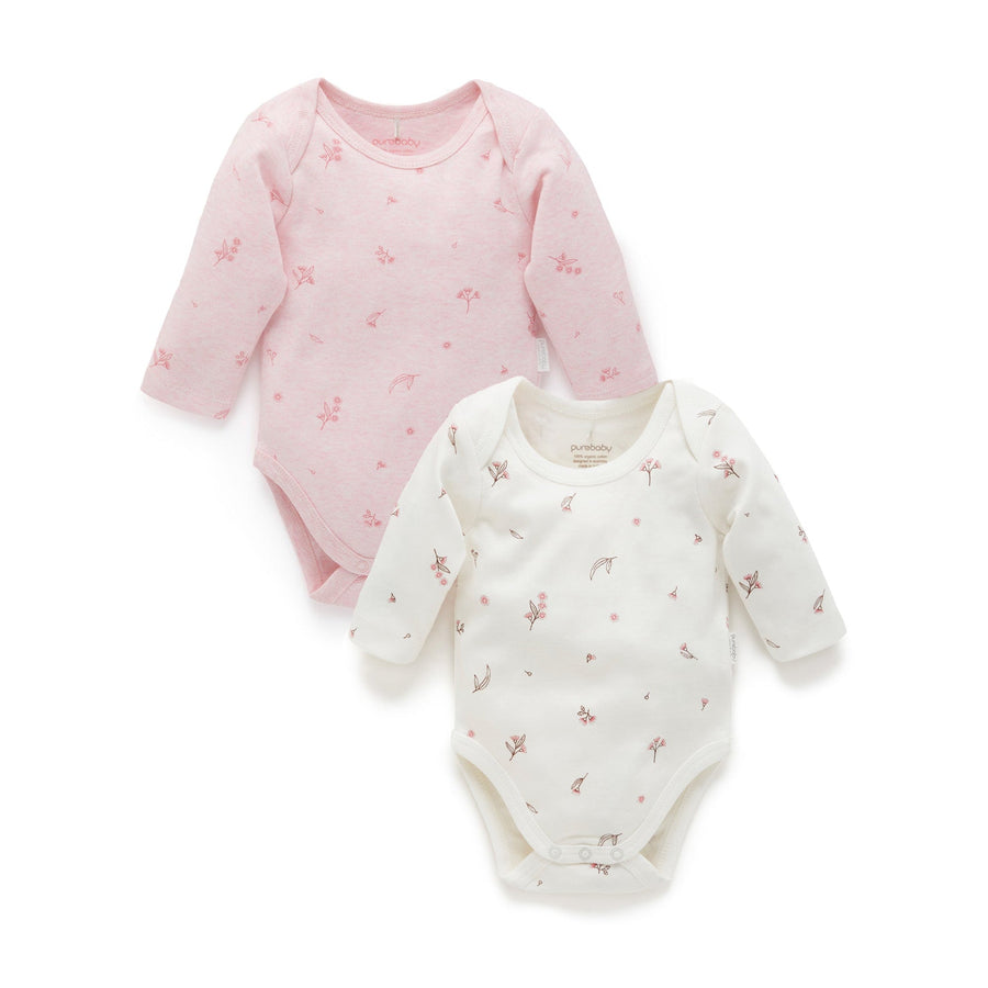 Purebaby Easy Neck Long Sleeve Bodysuit 2 Pack - Pale Pink Blossom