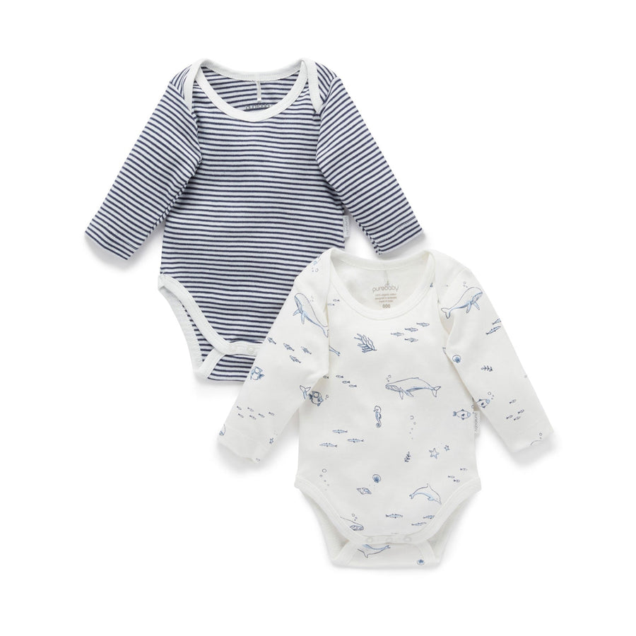 Purebaby Easy Neck Long Sleeve Bodysuit 2 Pack - Vanilla Nautical