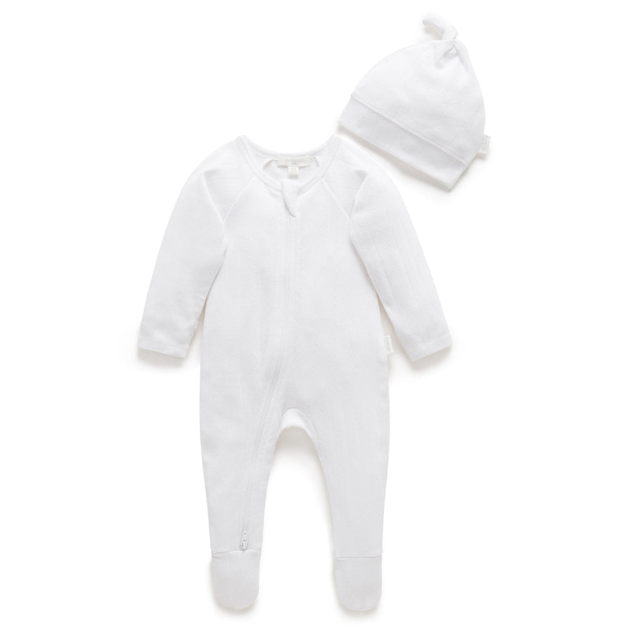 Purebaby Pointelle Growsuit and Hat Pack in White - official product photo 1