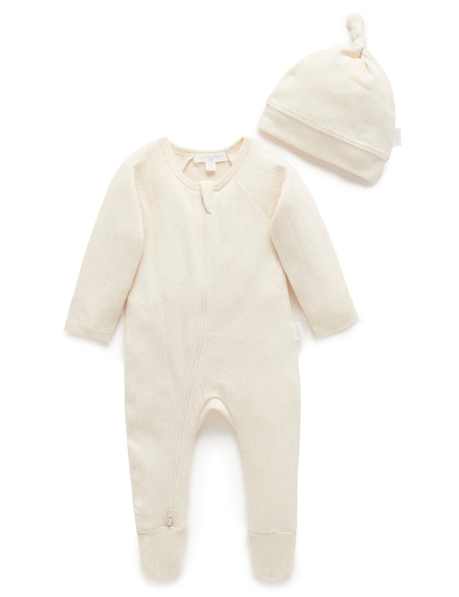 Purebaby Pointelle Growsuit and Hat Pack in Wheat Melange - official product photo 1