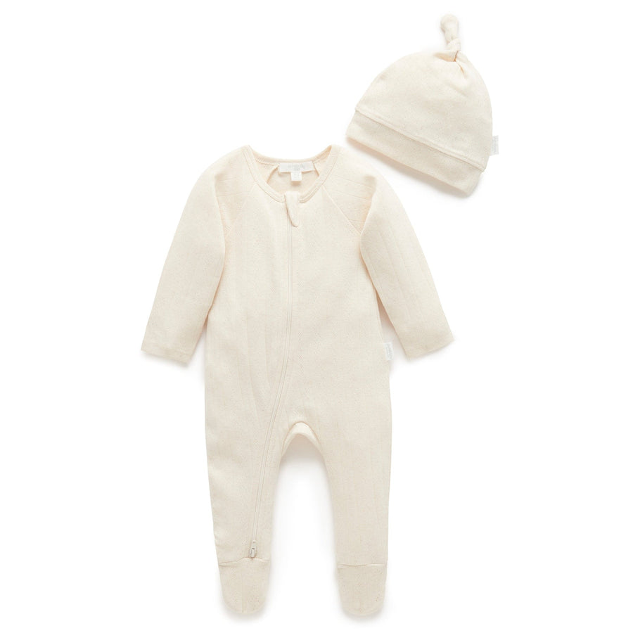 Purebaby Pointelle Growsuit and Hat Pack in Wheat Melange - official product photo 1