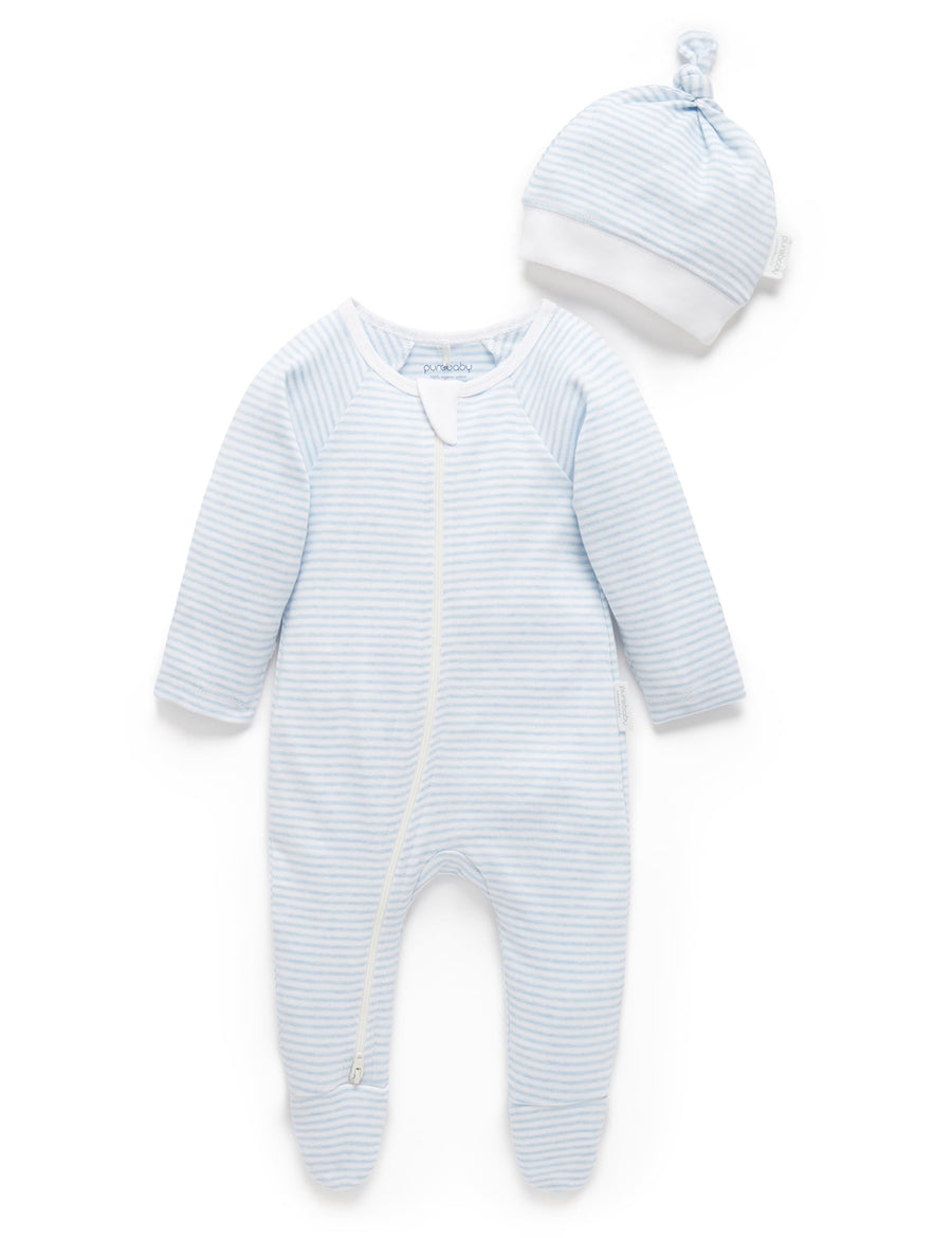 Purebaby Zip Growsuit & Hat Set - Pale Blue Melange Stripe