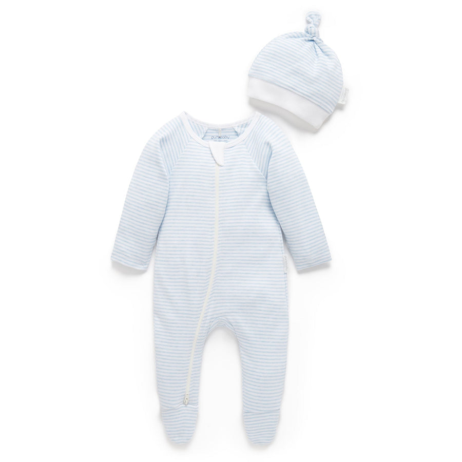 Purebaby Zip Growsuit & Hat Set - Pale Blue Melange Stripe