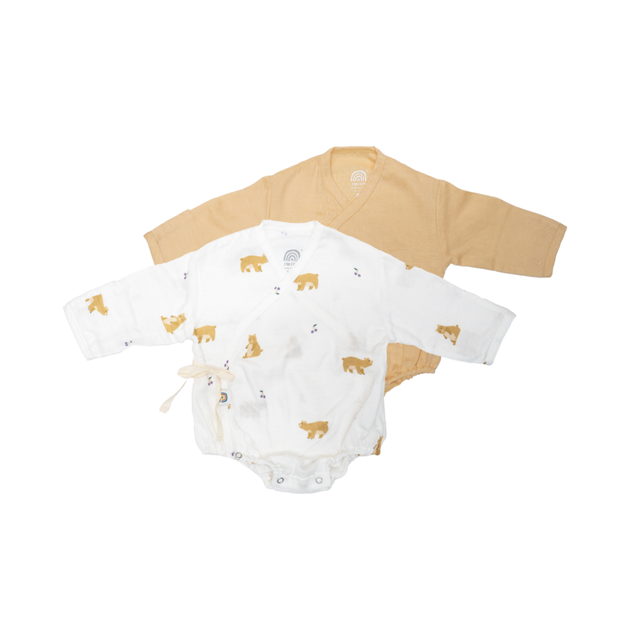 Saeson Baby Bodysuits Long Sleeve Set in Brown Bear / Warm Yellow - two kimono-style baby bodysuits with fold-over mitten cuffs, flat lay