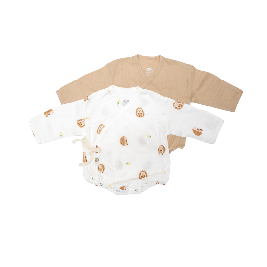 Saeson Baby Bodysuits Long Sleeve Set in Hedgehog / Beige - two kimono-style baby bodysuits with fold-over mitten cuffs, flat lay