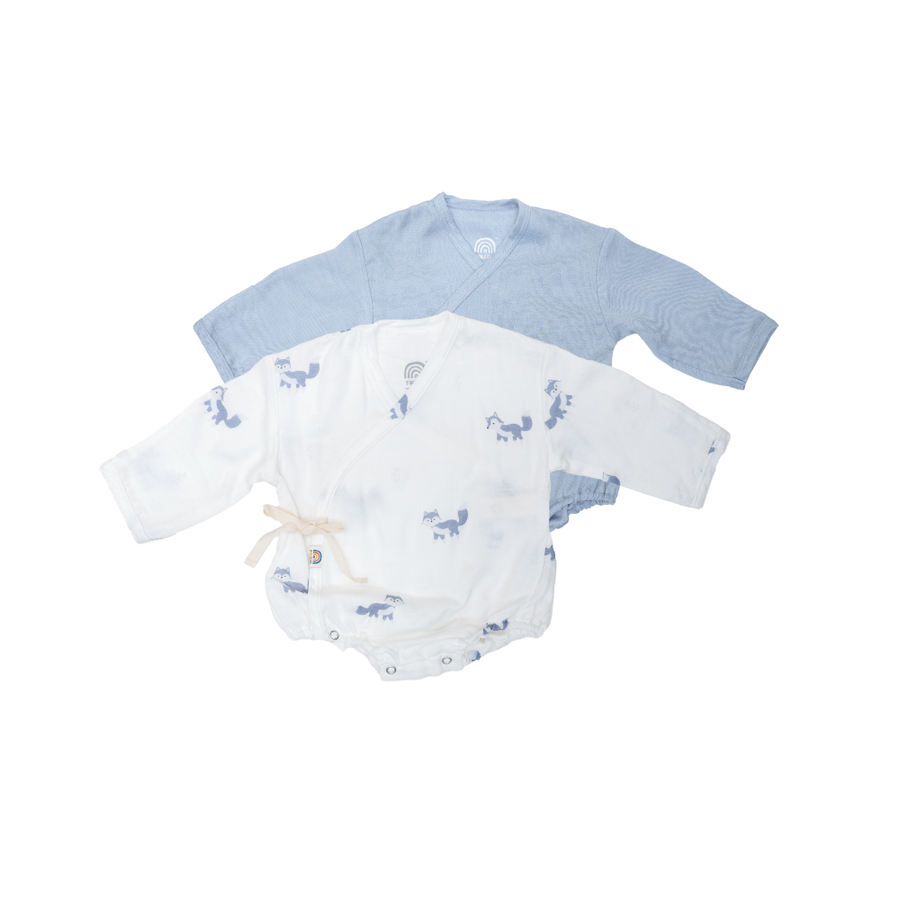 Saeson Baby Bodysuits Long Sleeve Set in White Fox / Sky Blue - two kimono-style baby bodysuits with fold-over mitten cuffs, flat lay