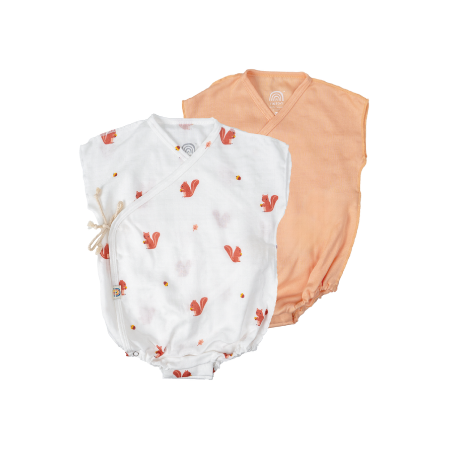 Saeson Baby Bodysuits Short Sleeve Set in Red Squirrel / Soft Peach - two kimono-style baby bodysuits, flat lay