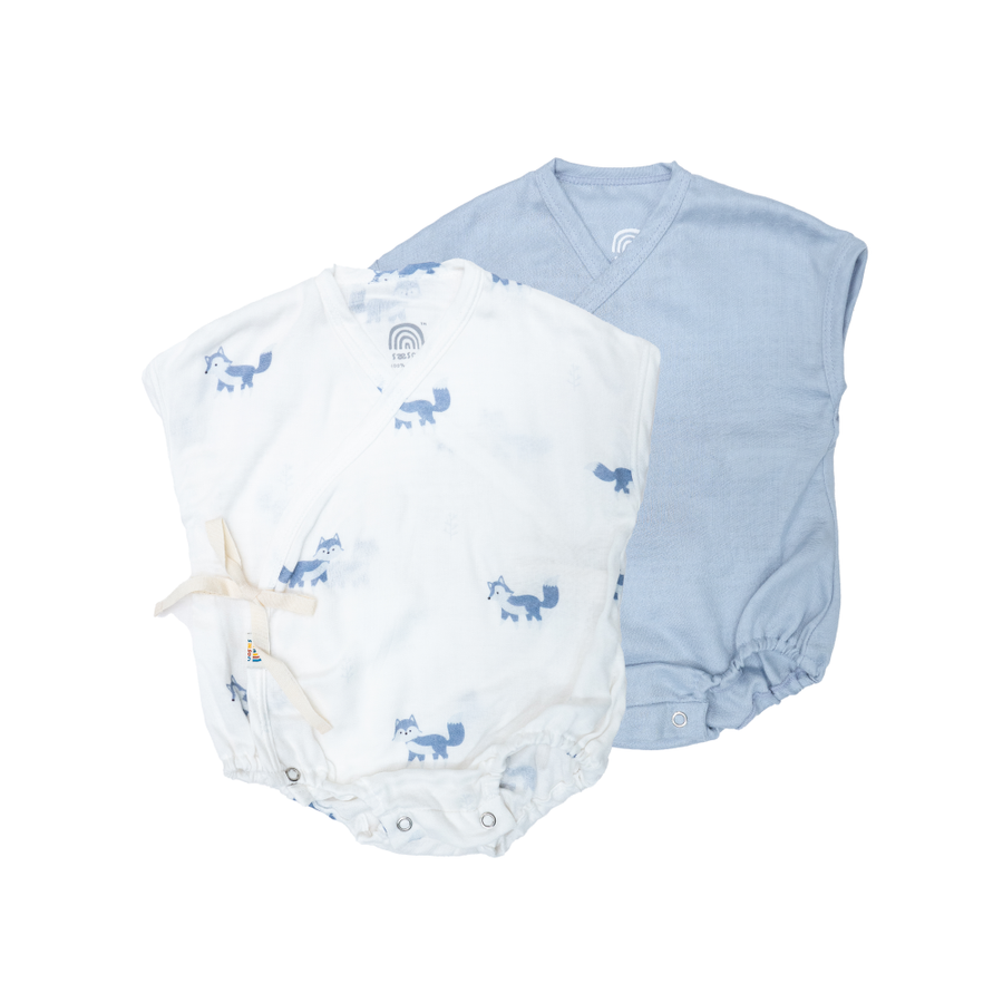 Saeson Baby Bodysuits Short Sleeve Set in White Fox / Sky Blue - two kimono-style baby bodysuits, flat lay