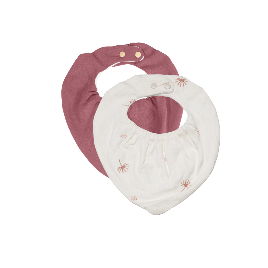 Saeson Tencel Bandana Bib two-pack in Dandelion / Rosewood - baby kerchief bibs, flat lay
