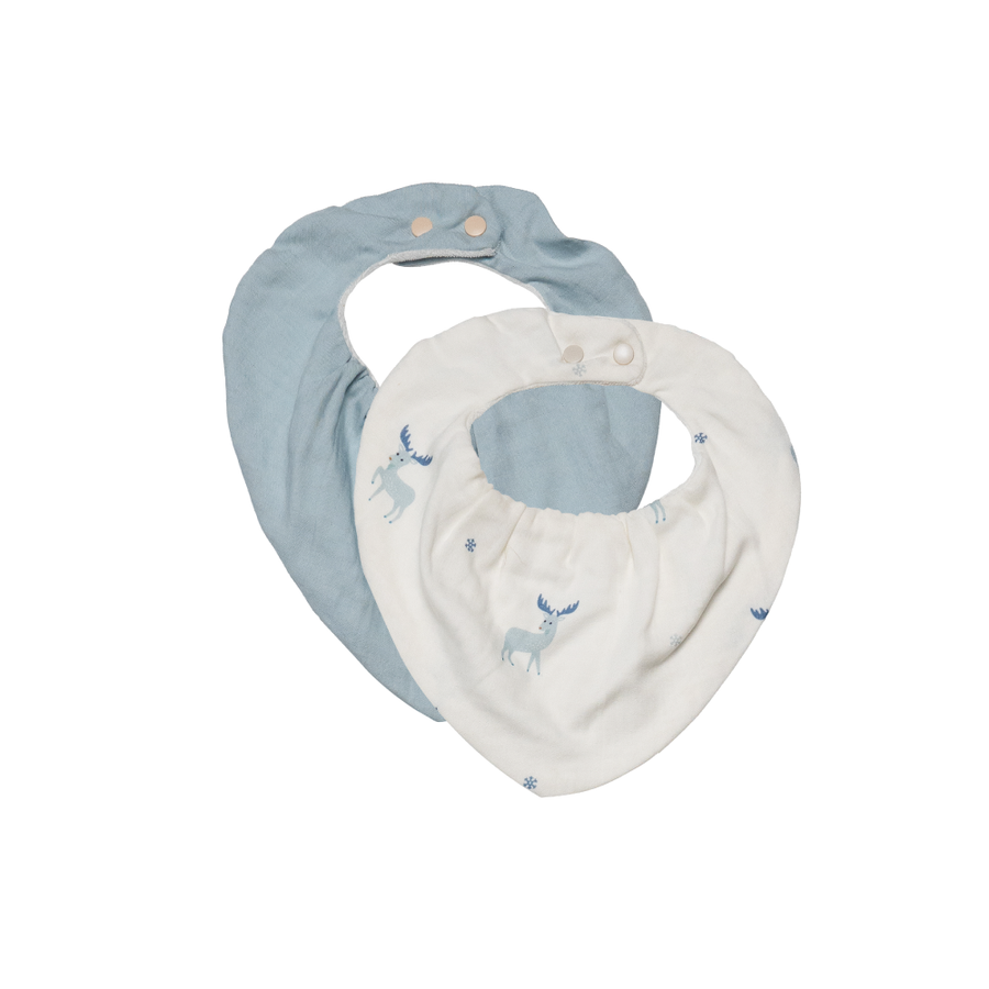 Saeson Tencel Bandana Bib two-pack in White Moose / Breezy Blue - baby kerchief bibs, flat lay