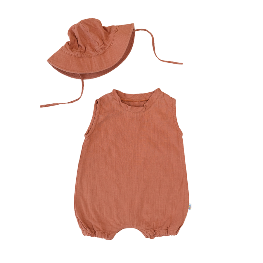 Saeson Tencel Basic Jumpsuit Set in Autumn Brick - sleeveless baby jumpsuit with matching sun hat, flat lay