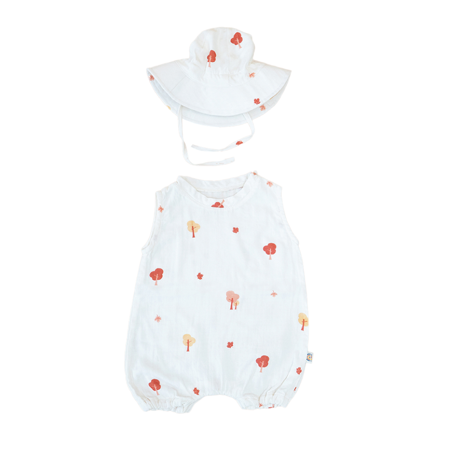 Saeson Tencel Basic Jumpsuit Set in Maple print - sleeveless baby jumpsuit with matching sun hat, flat lay