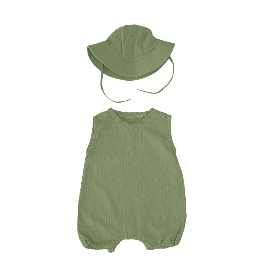Saeson Tencel Basic Jumpsuit Set in Pine Green - sleeveless baby jumpsuit with matching sun hat, flat lay