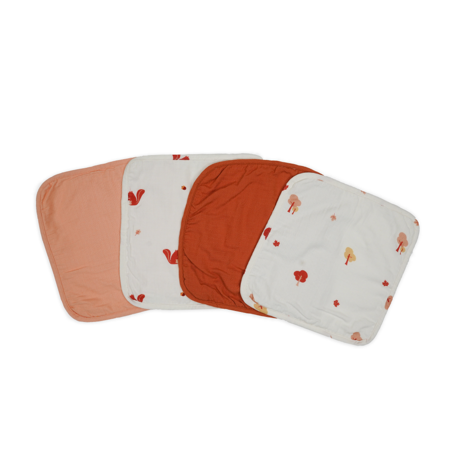 Saeson Tencel Face Terry Towel four-pack - Red Squirrel, Soft Peach, Maple and Autumn Brick baby face towels, flat lay