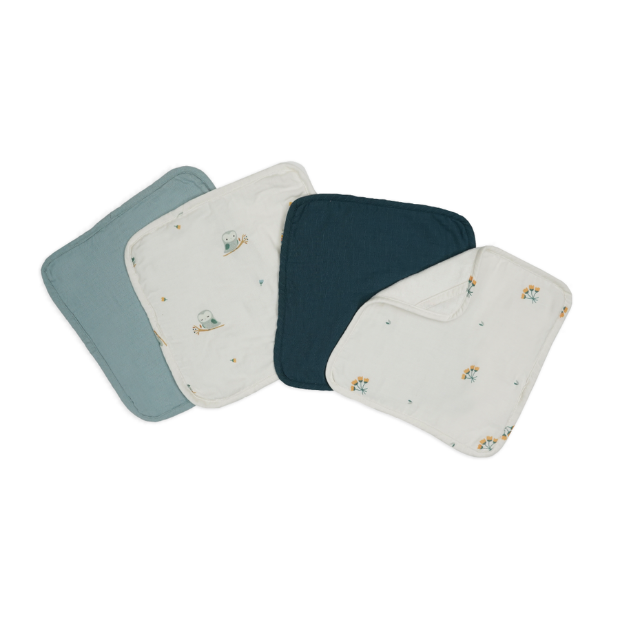 Saeson Tencel Face Terry Towel four-pack - Great Grey Owl, Blooming Green, Tulip and Spring Green baby face towels, flat lay