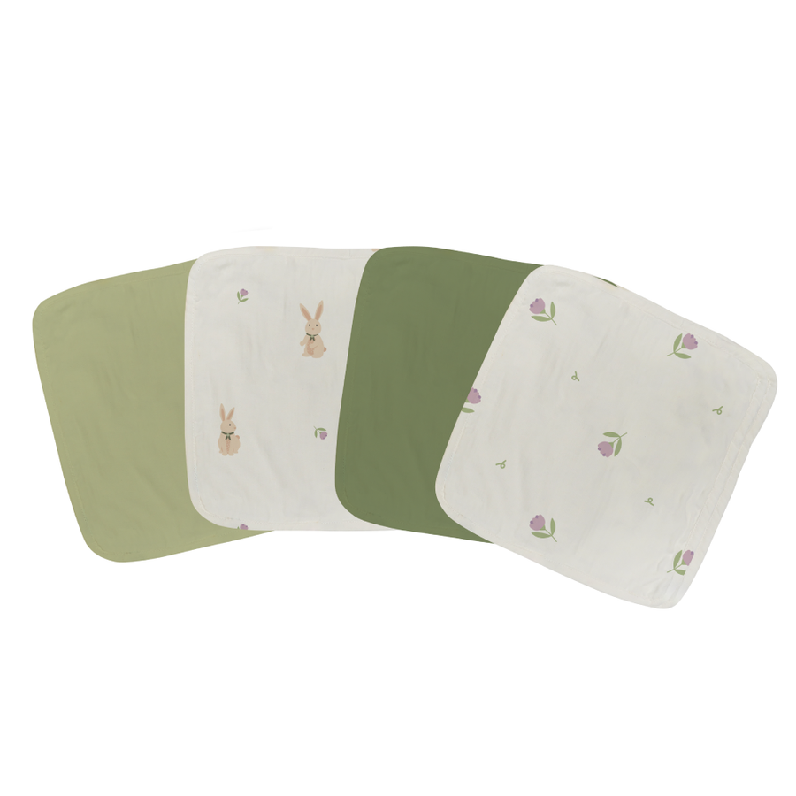 Saeson Tencel Face Terry Towel four-pack - Hare, Olive, Lily of the Valley and Pine Green baby face towels, flat lay