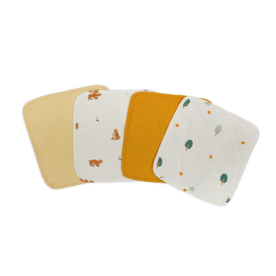 Saeson Tencel Face Terry Towel four-pack - Brown Bear, Warm Yellow, Sun and Summer Yellow baby face towels, flat lay