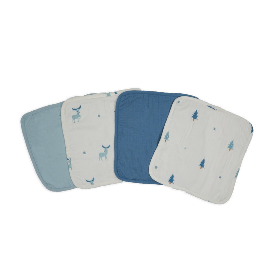 Saeson Tencel Face Terry Towel four-pack - White Moose, Breezy Blue, Snowflake and Winter Blue baby face towels, flat lay