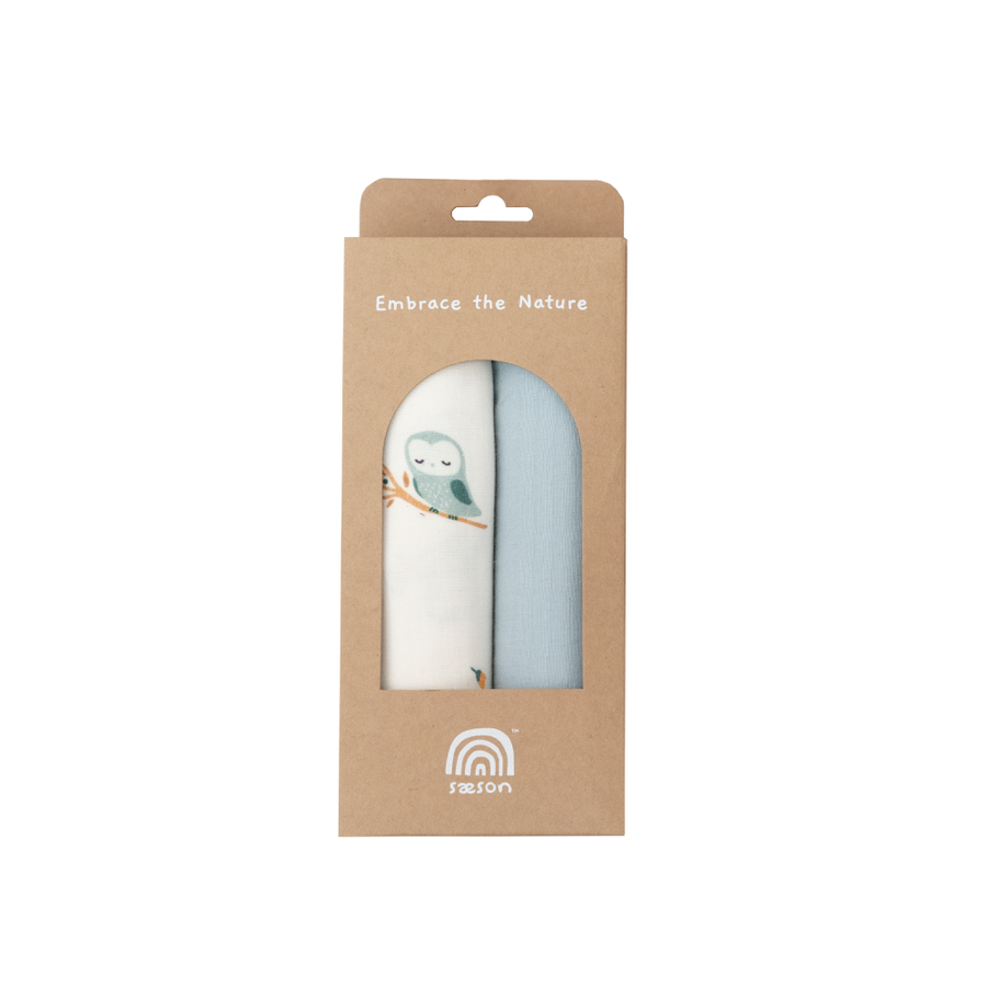 Saeson Tencel Nursing Cloth two-pack in Great Grey Owl / Blooming Green - boxed muslin cloths