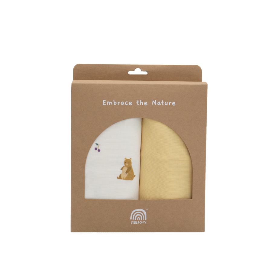 Saeson Tencel Swaddling Cloth two-pack in Brown Bear / Warm Yellow - boxed muslin cloths