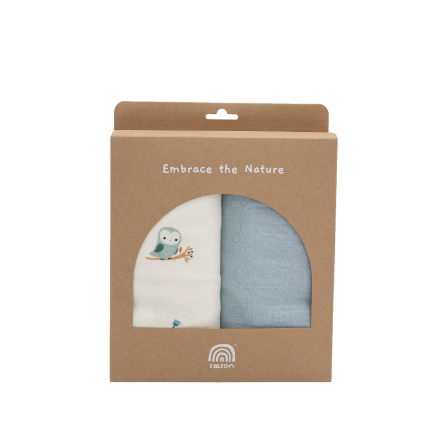 Saeson Tencel Swaddling Cloth two-pack in Great Grey Owl / Blooming Green - boxed muslin cloths