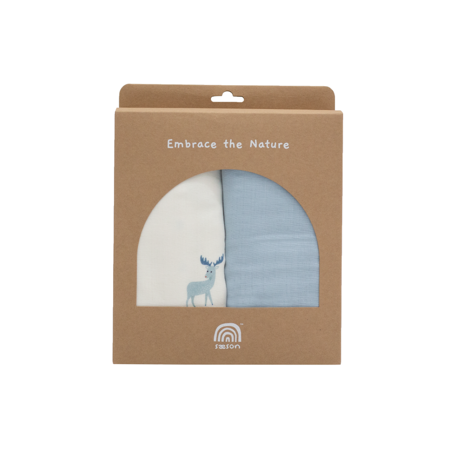 Saeson Tencel Swaddling Cloth two-pack in White Moose / Breezy Blue - boxed muslin cloths
