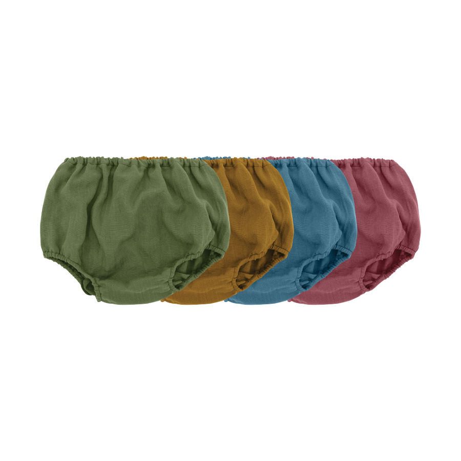 Saeson Underwear Four Seasons set 3 - four pairs of baby pull-on underwear in Pine Green, Caramel, Rosewood and Ocean Blue, flat lay
