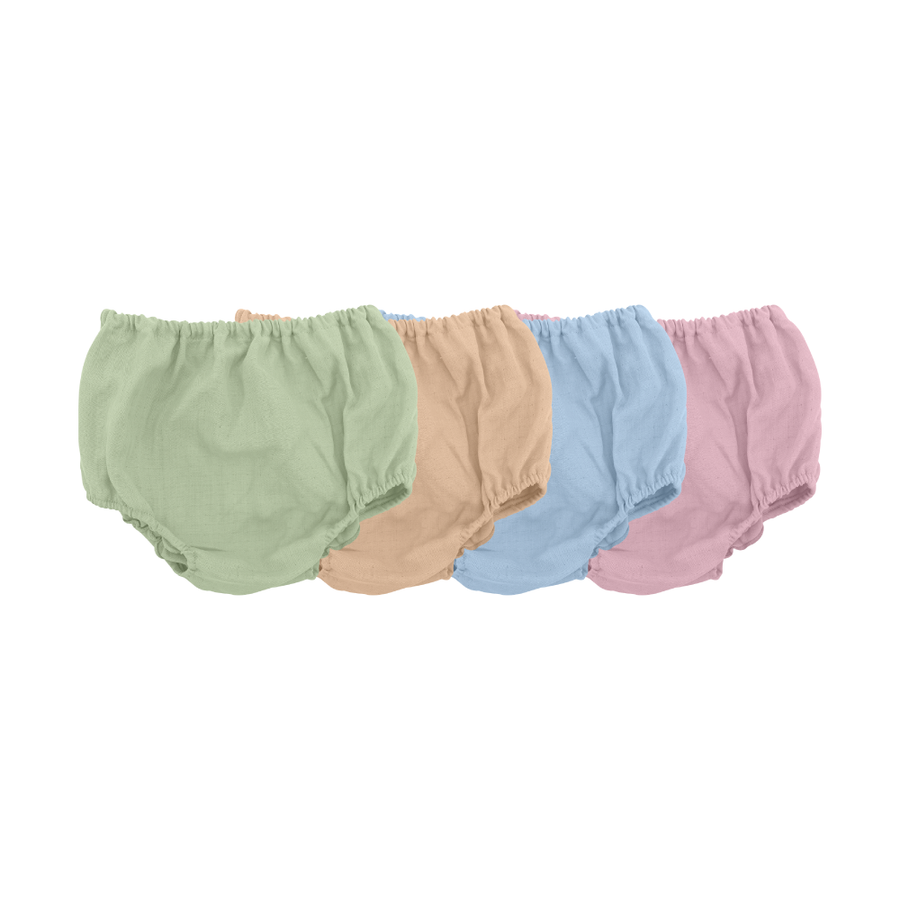 Saeson Underwear Four Seasons set 4 - four pairs of baby pull-on underwear in Olive, Beige, Flamingo and Sky Blue, flat lay