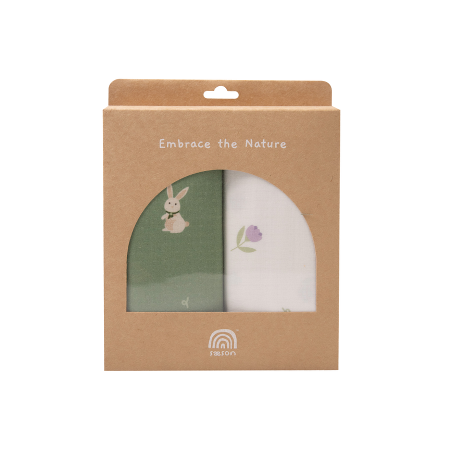 Saeson Tencel Swaddling Cloth two-pack in Pine Green Hare / Lily of the Valley - boxed muslin cloths