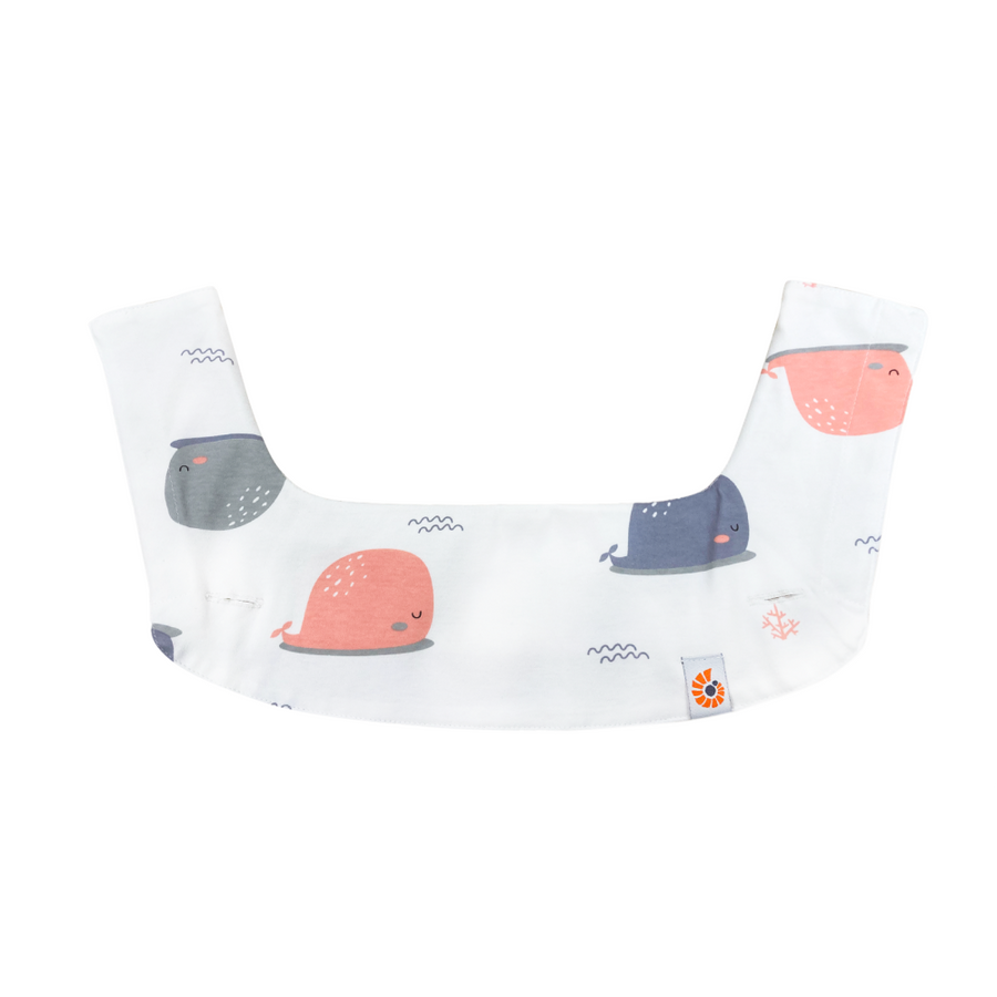 Ergobaby Drool Bib in the Whale print, grey and coral whales on white
