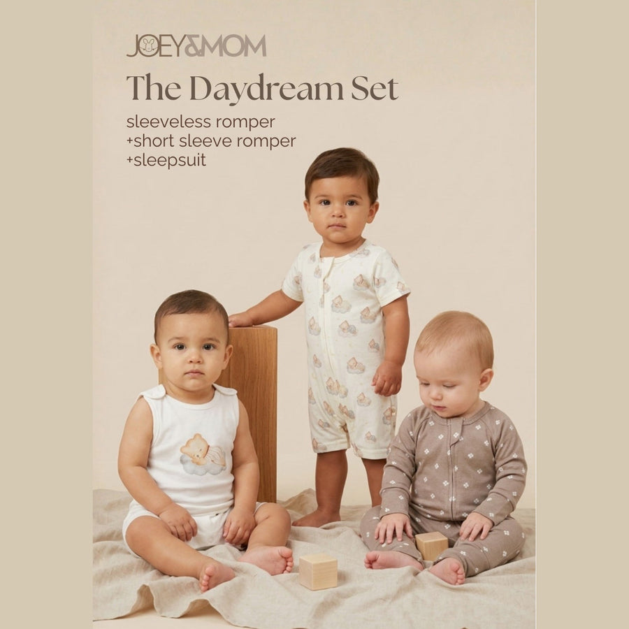 Joey&Mom Bamboo-Cotton 3-in-1 Clothing Set - The Daydream Set, sleeveless romper, short-sleeve romper and sleepsuit