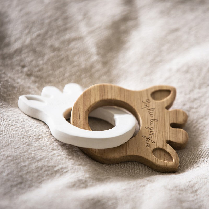 Sophie la girafe silhouette teething rings in natural rubber and hevea wood