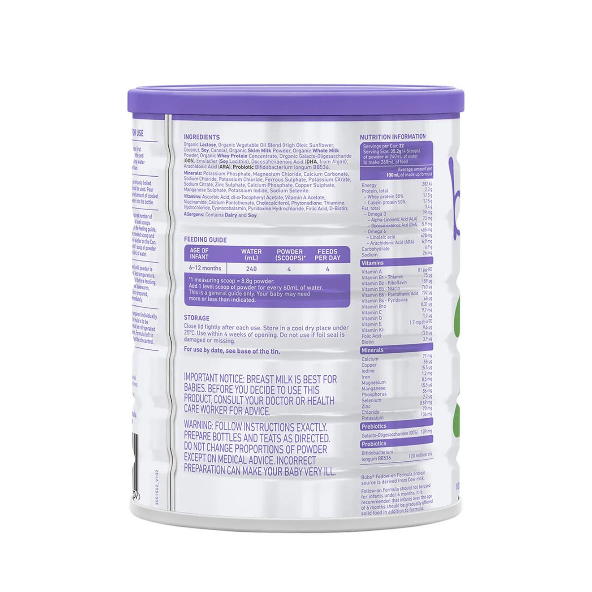 Bubs Organic Grass Fed Follow-On Formula Stage 2, 800g (6-12m