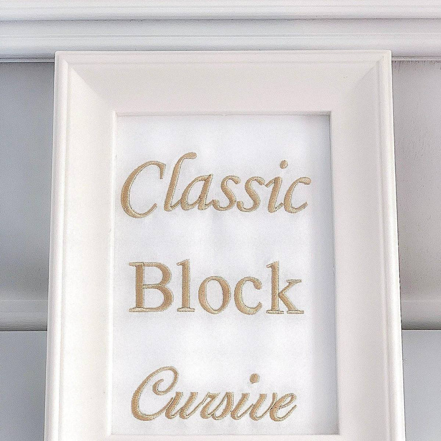 Count & Countess personalisation embroidery styles: Classic, Block and Cursive