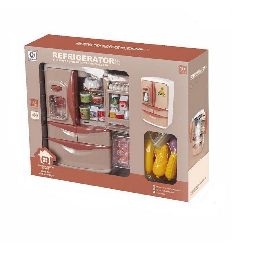 My Little Home beige pretend-play refrigerator with opening doors, water dispenser, play groceries and play corn, in its Simulation Series Refrigerator box