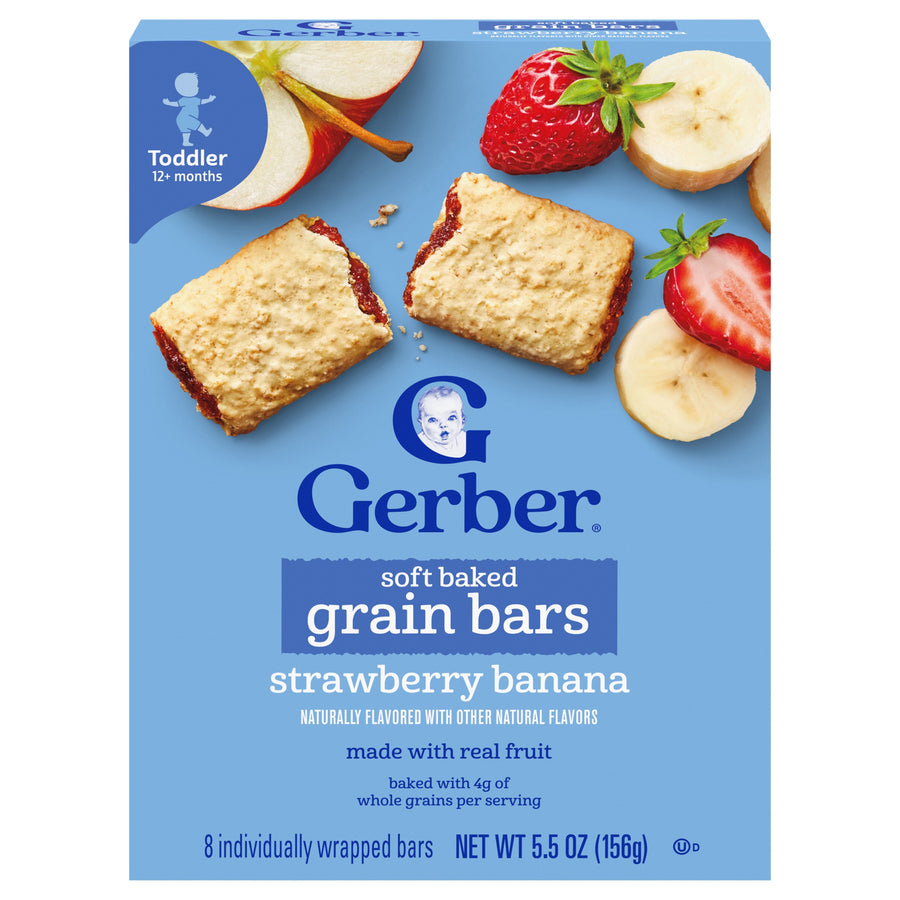 Gerber Soft Baked Grain Bars Strawberry Banana, 8 individually wrapped bars, 5.5 oz (156 g) box, showing Toddler 12+ months