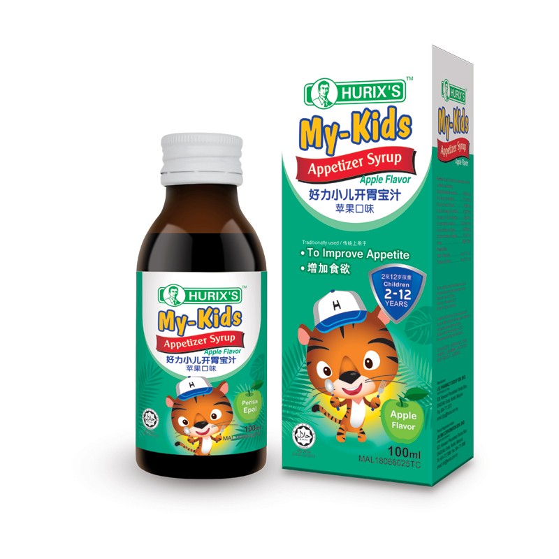 Hurix's My-Kids Appetizer Syrup apple flavour 100ml bottle and carton