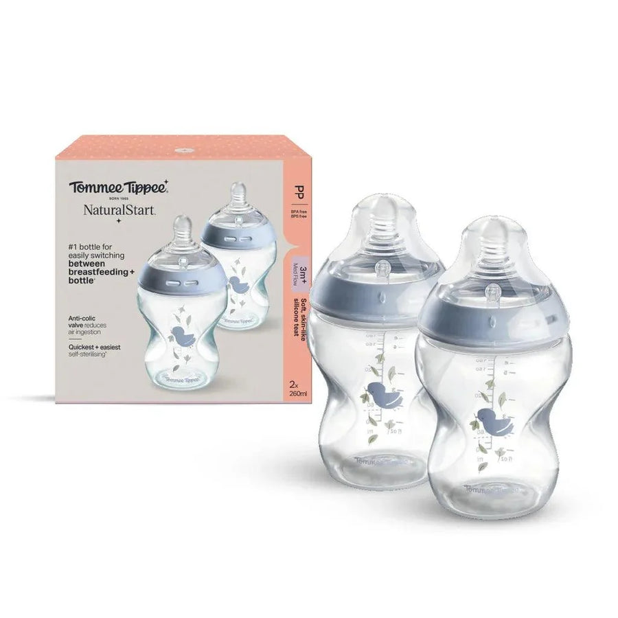 Tommee Tippee Natural Start PP bottles 260ml, Blue Birds design, 2 pack with retail box