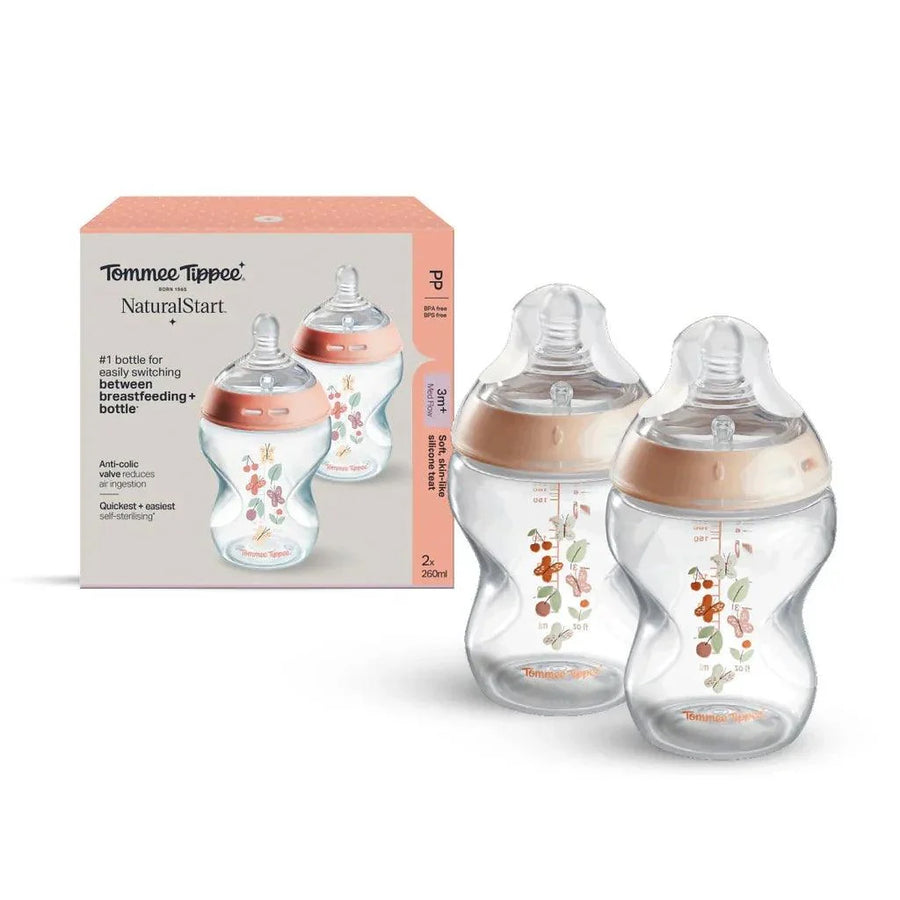 Tommee Tippee Natural Start PP bottles 260ml, Pink Butterflies design, 2 pack with retail box