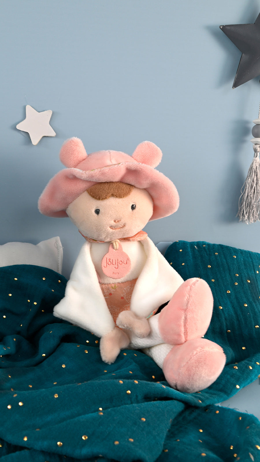 Jolijou JJ6047 rag doll with a pink hat, 28 cm