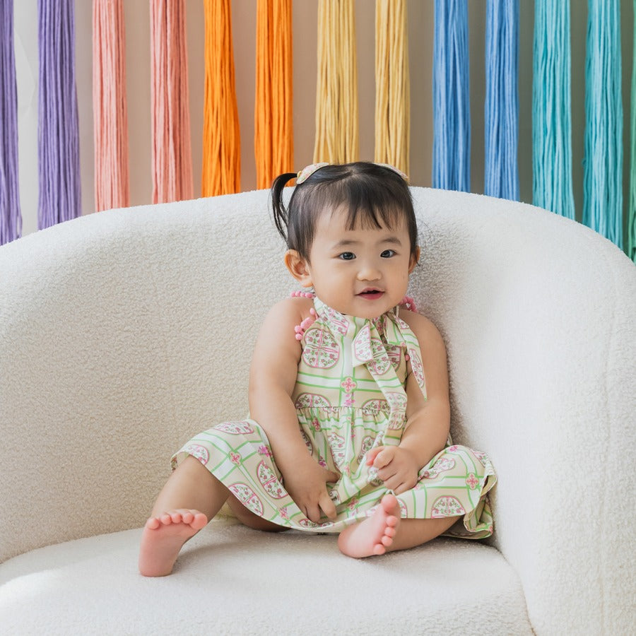 Heritage Series - Girls Cheongsam in Beige Peranakan Print