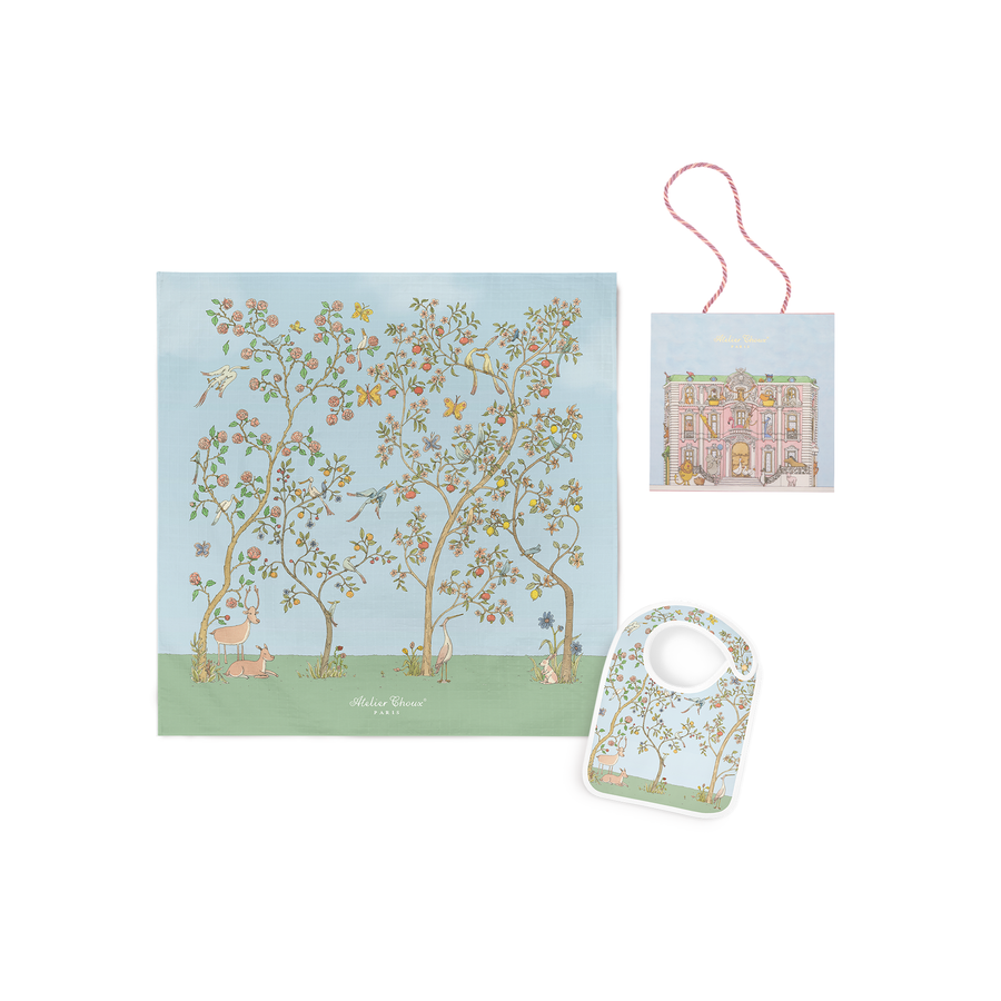 Atelier Choux In Bloom Blue Carré & Satin Bib set with Monceau Mansion Gift Box