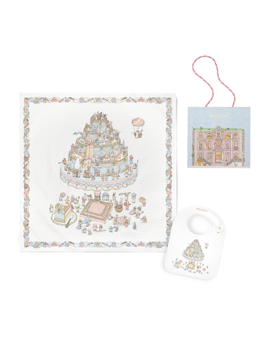 Atelier Choux Le Gâteau Carré & Satin Bib set with Monceau Mansion Gift Box