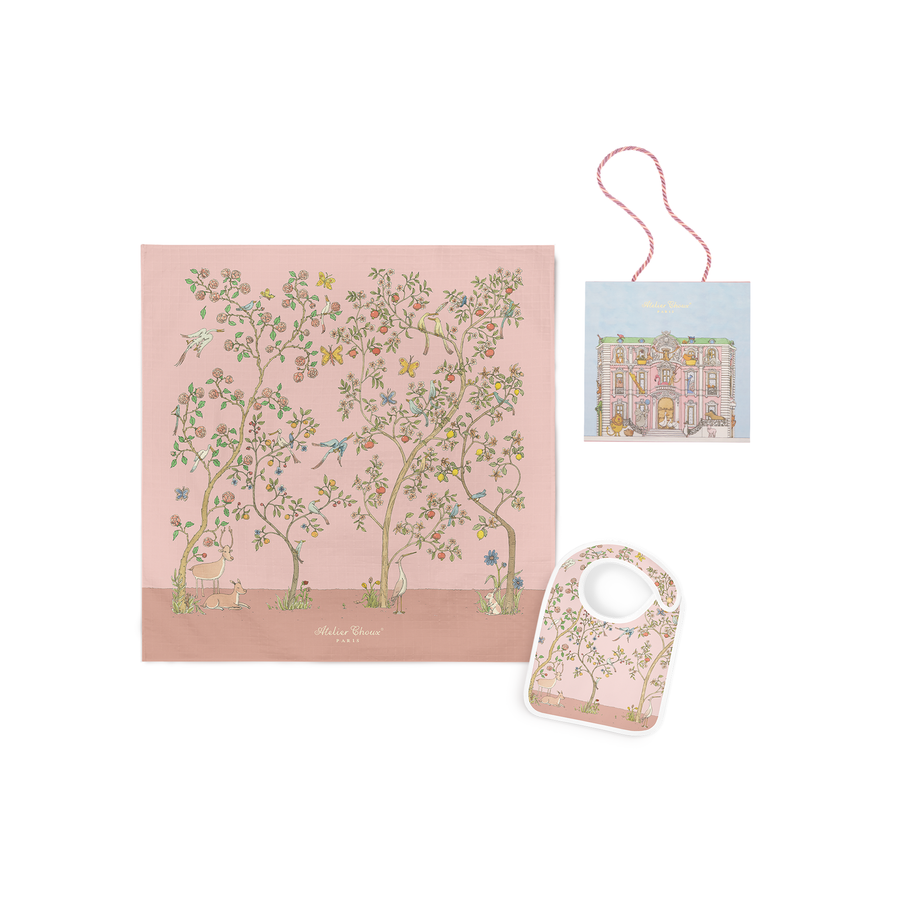 Atelier Choux In Bloom Pink Carré & Satin Bib set with Monceau Mansion Gift Box