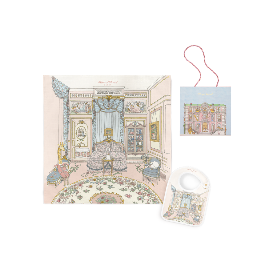 Atelier Choux French Bedroom Carré & Satin Bib set with Monceau Mansion Gift Box