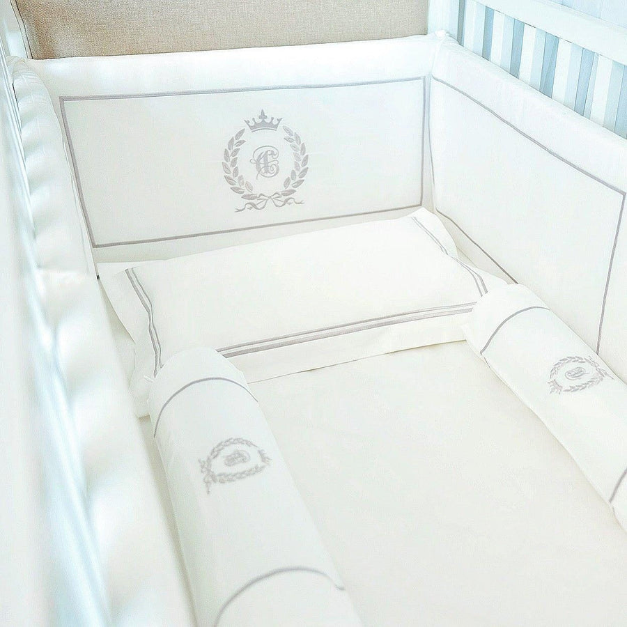 Platinum White Egyptian cotton pillow and bolsters styled in a cot