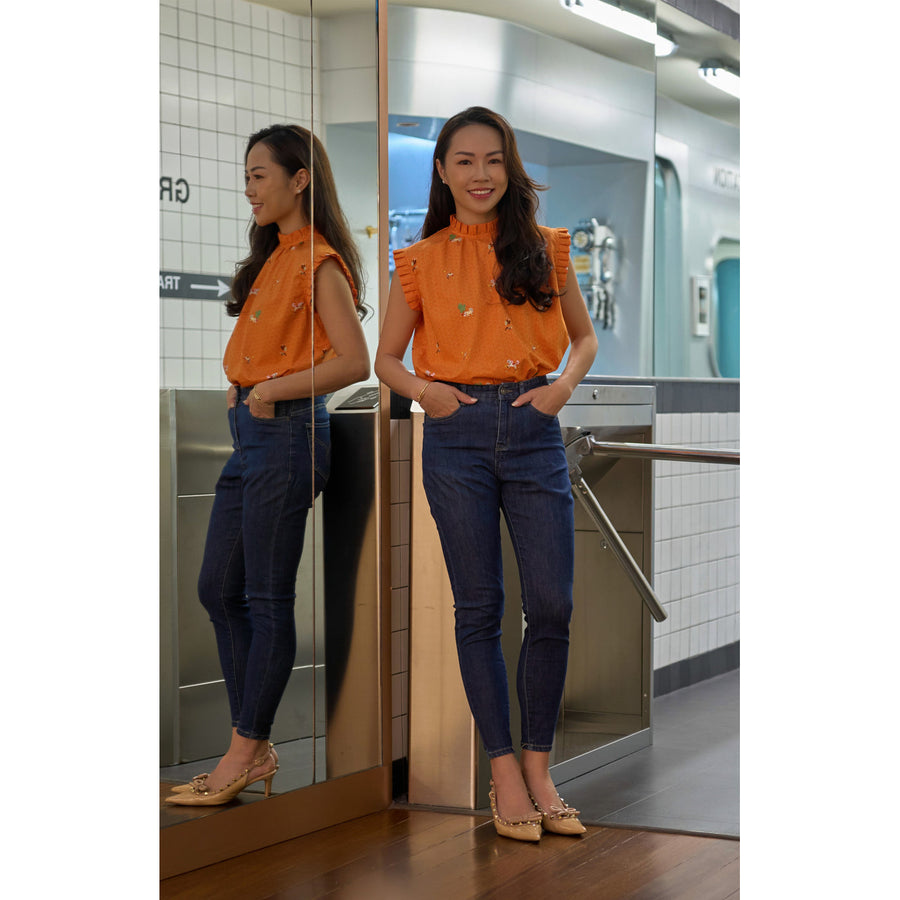 Maison Q Little Cavalry Women's Pleated Sleeves Blouse worn with jeans