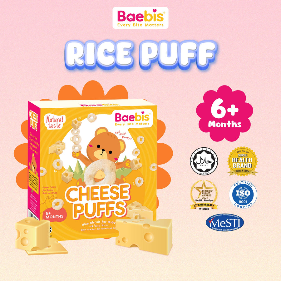 Baebis Cheese Rice Puffs retail box, marked 6+ Months, with Halal, ISO 9001 and MeSTI certification marks