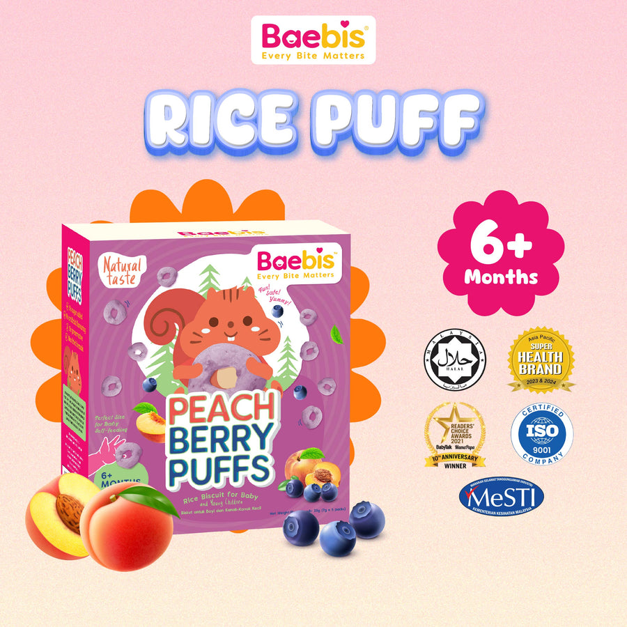 Baebis Peach Berry Rice Puffs retail box, marked 6+ Months, with Halal, ISO 9001 and MeSTI certification marks